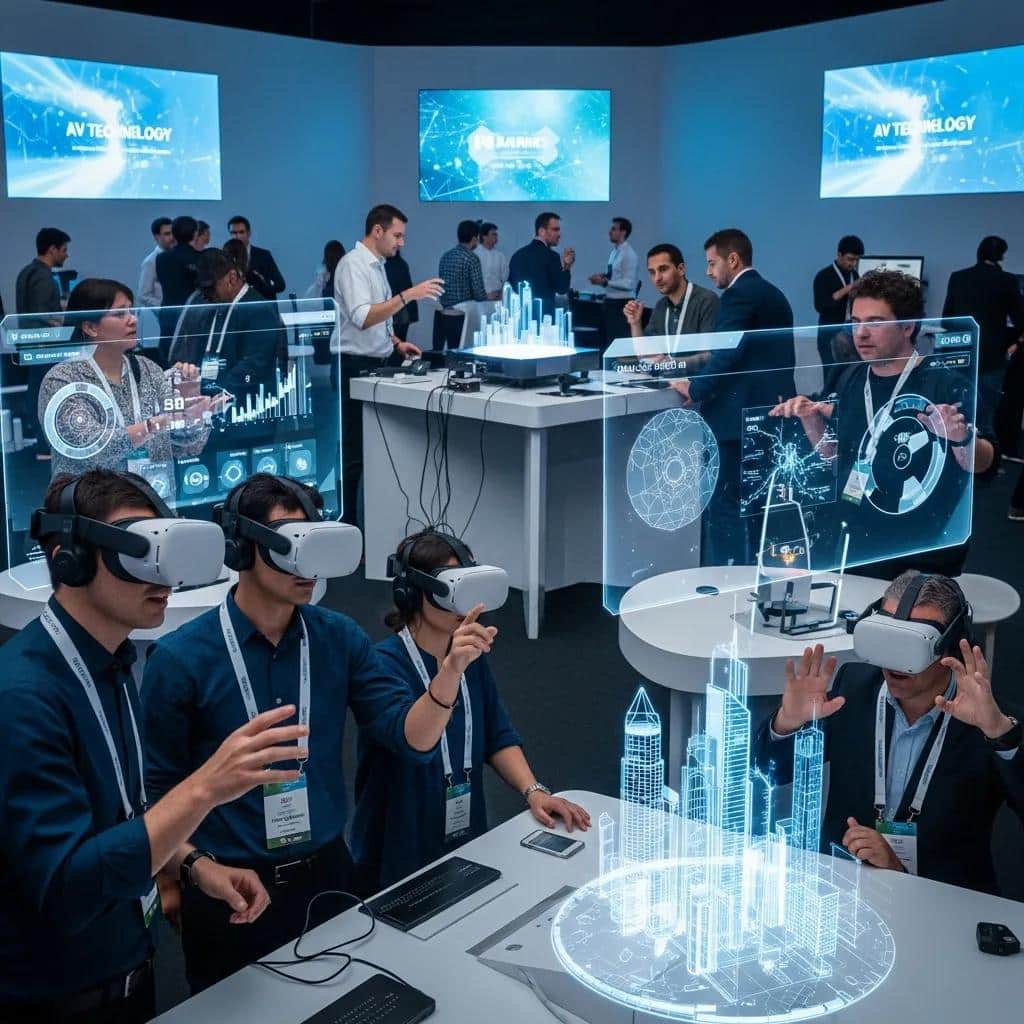 Attendees engaging with advanced AV technologies like AR and VR at an event
