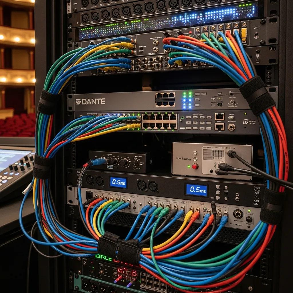 Dante audio networking system with cables and equipment in a theater setup