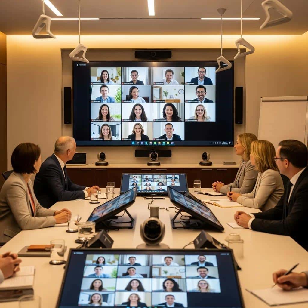 Hybrid meeting setup with AV technology connecting in-person and remote participants