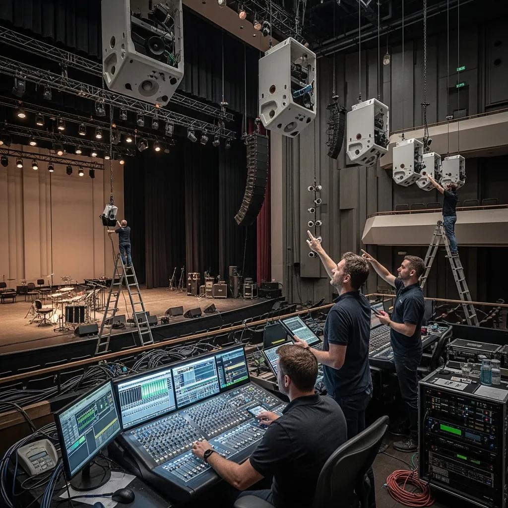 Immersive audio technology setup with Dolby Atmos speakers in a performing arts venue