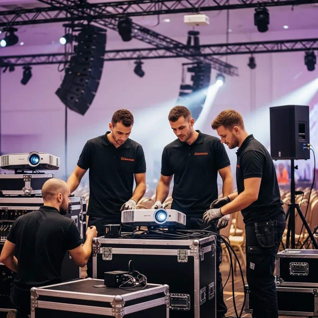 Professional AV installation team setting up equipment for an event