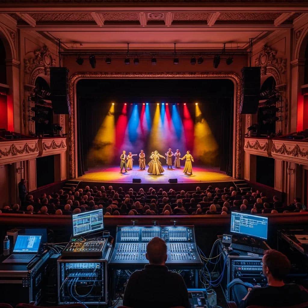 Professional theater audio system with speakers and audience in a vibrant theater setting