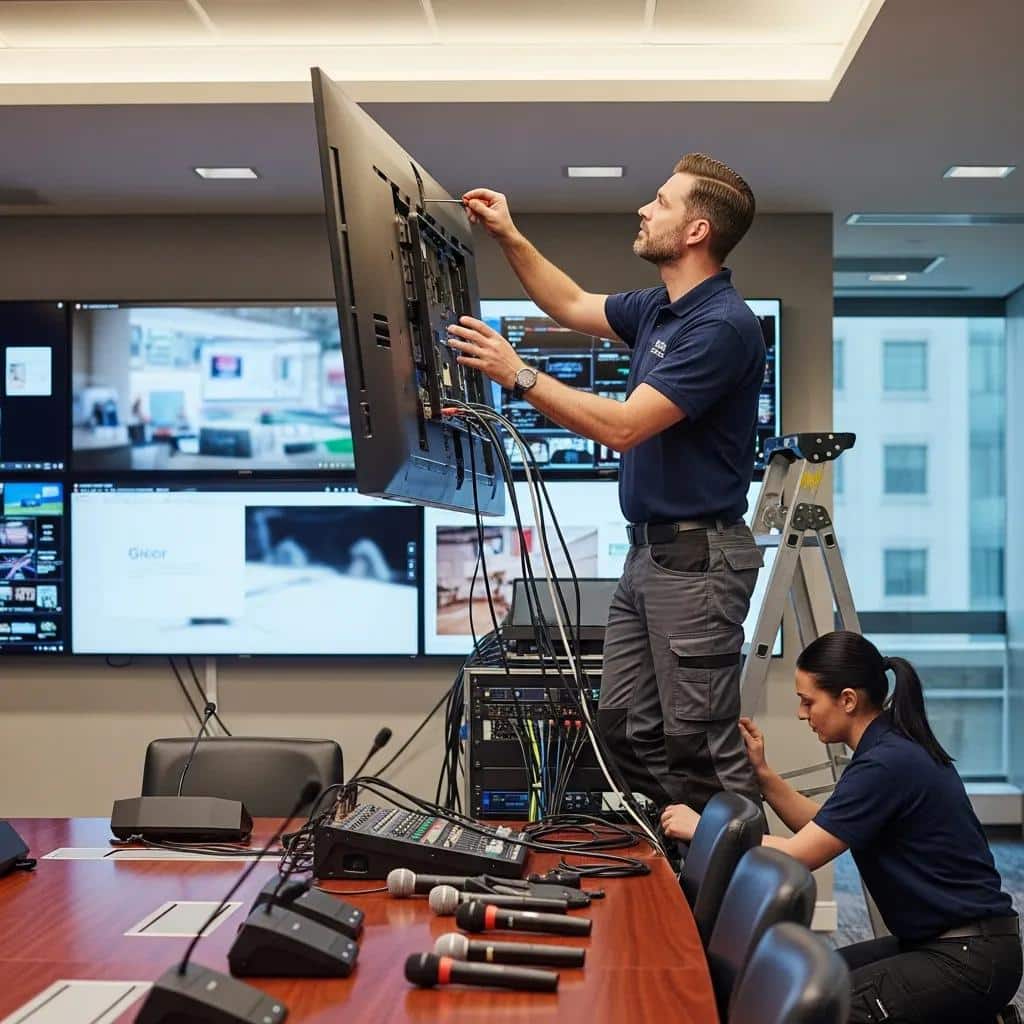 Technician installing AV equipment in a modern conference room for optimal setup