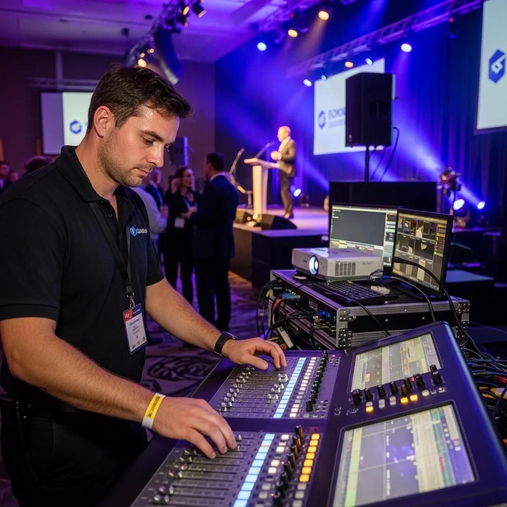 AV technician setting up audio visual equipment at a corporate event