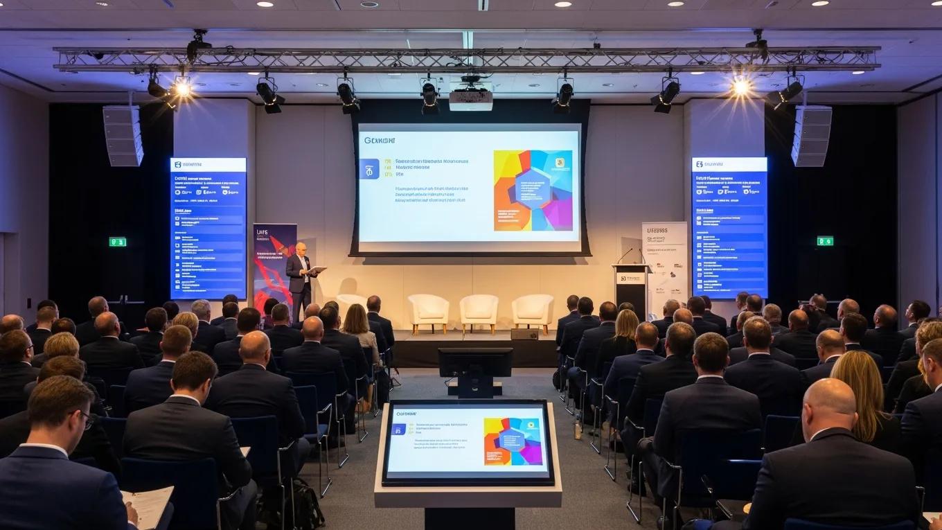 Corporate event showcasing advanced AV solutions like digital signage and installations