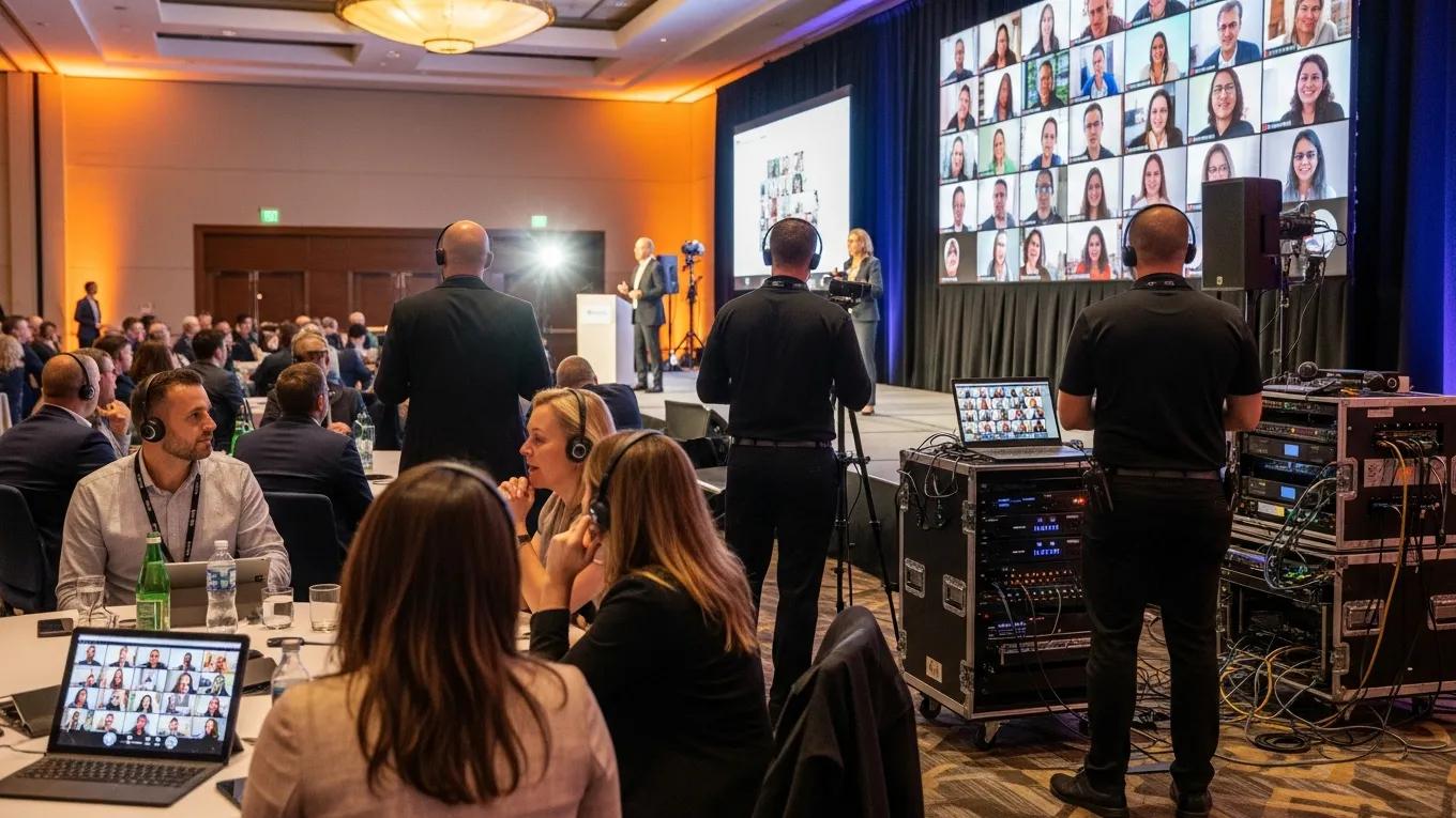 Hybrid event setup with in-person and virtual attendees using wireless AV technology