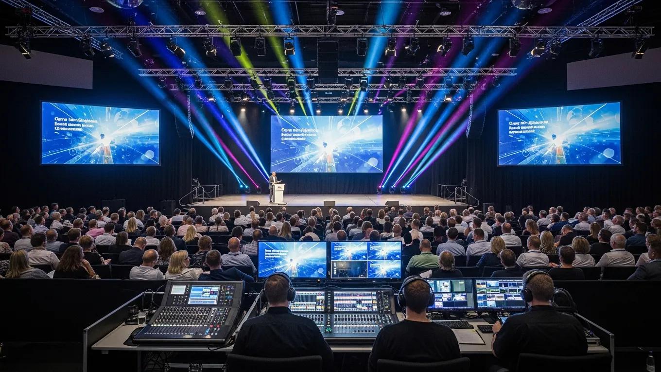 Professional audio-visual setup at an event highlighting sound systems and projectors