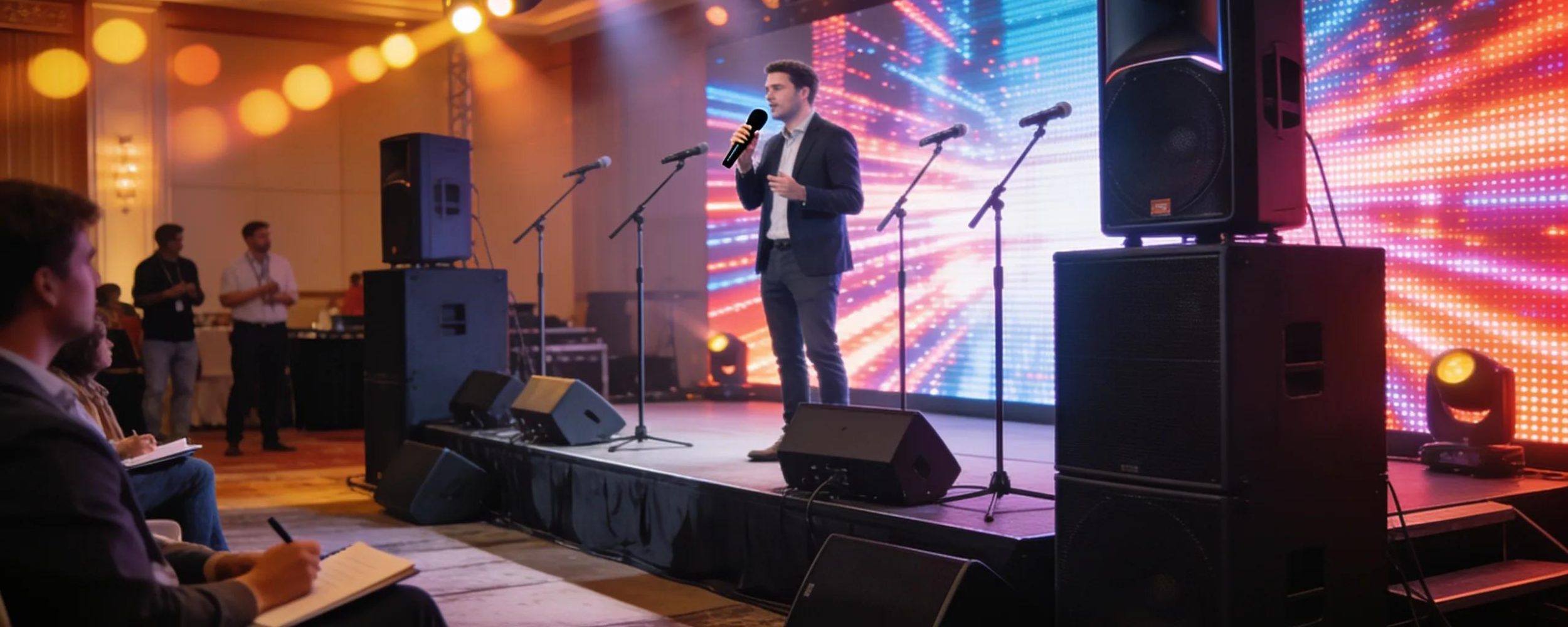 Dynamic event setup with audio visual rental equipment highlighting microphones, speakers, and an LED screen in use