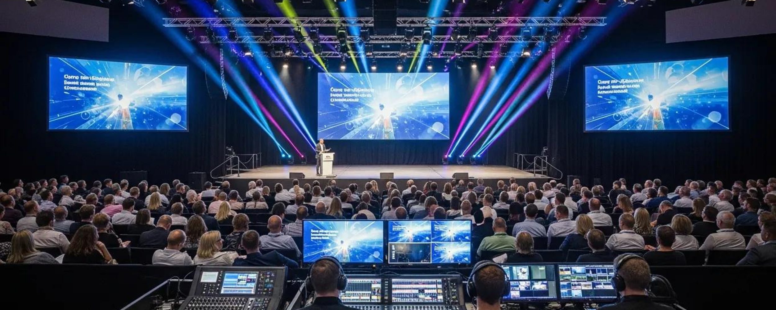 Professional audio-visual setup at an event highlighting sound systems and projectors
