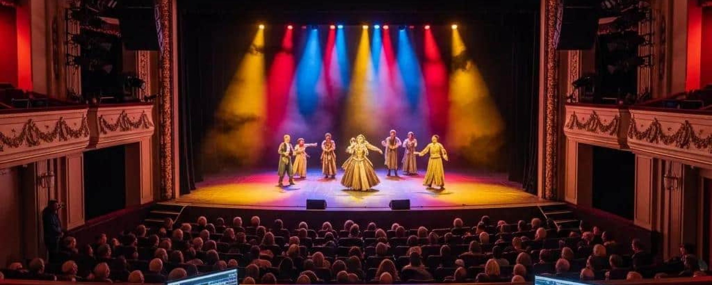 Professional theater audio system with speakers and audience in a vibrant theater setting