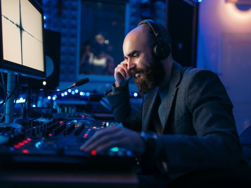 Sound engineer in headphones listens composition of female singer in recording studio. Professional audio and music mixing tochnology